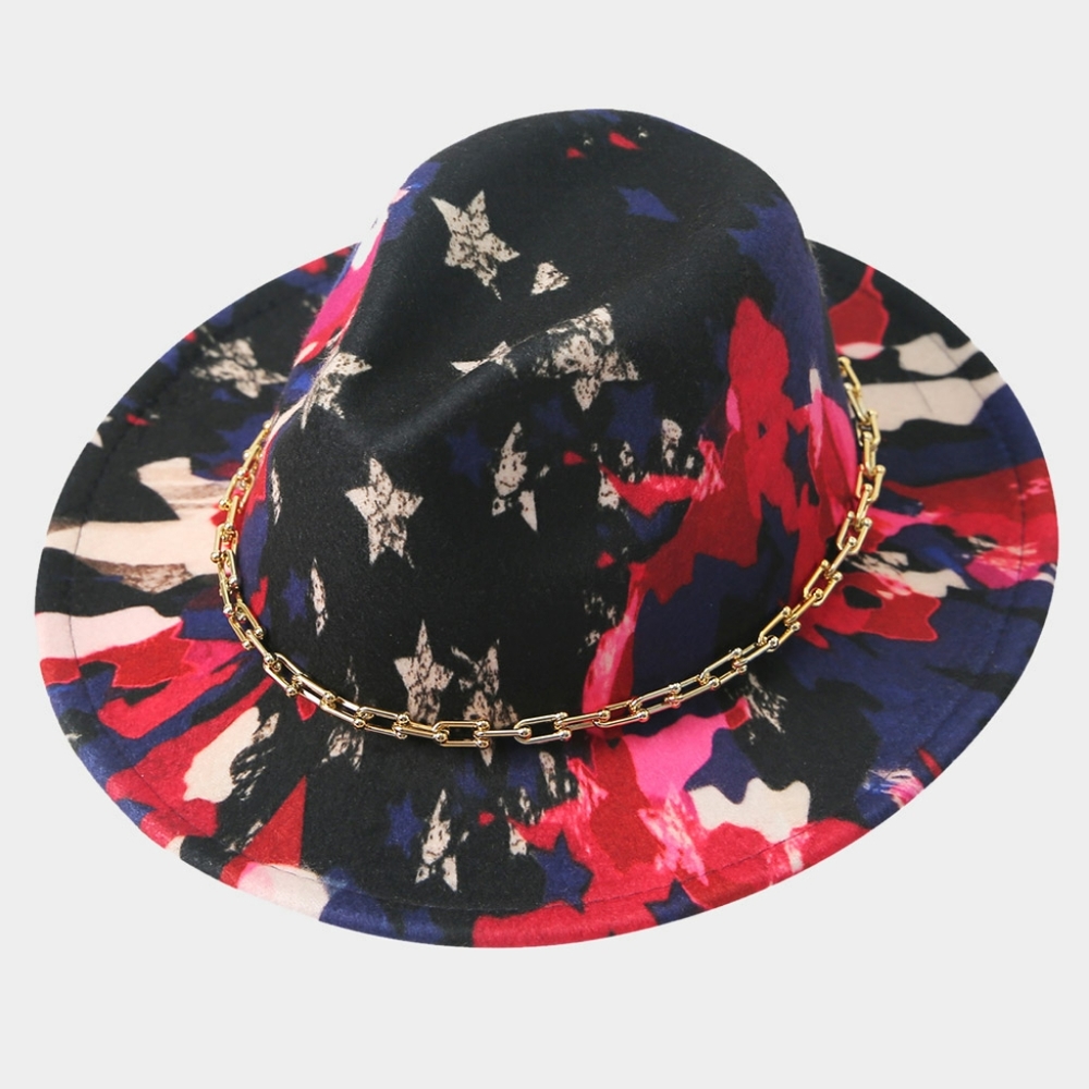 Multiple Color Printed Fedora Hat w/ Chain